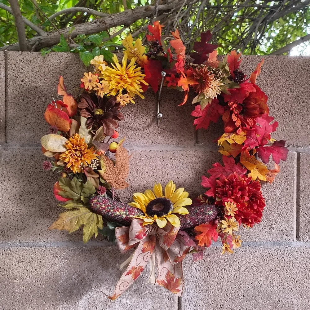 Autumn Harvest Wreath with Sunflower Accents